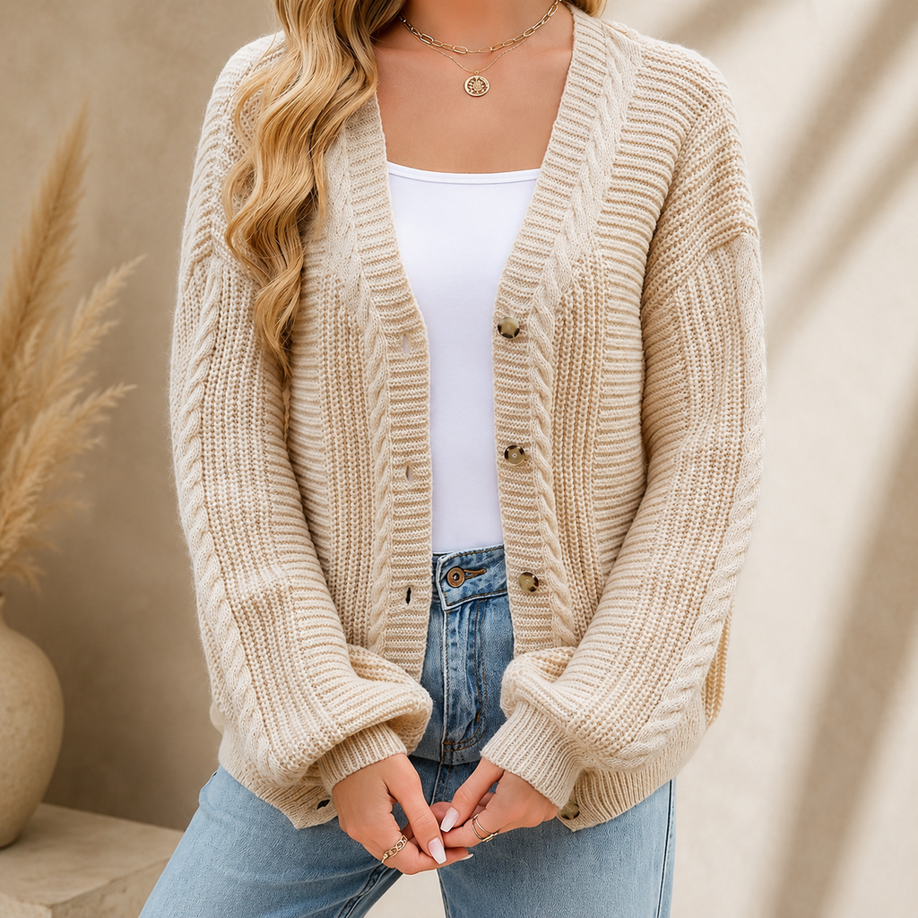 Vivienne Women’s Cable Knit V-Neck Cardigan – Button-Front Sweater