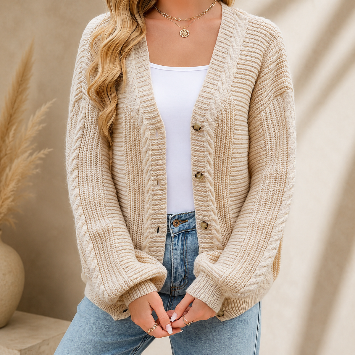 Vivienne Women’s Cable Knit V-Neck Cardigan – Button-Front Sweater