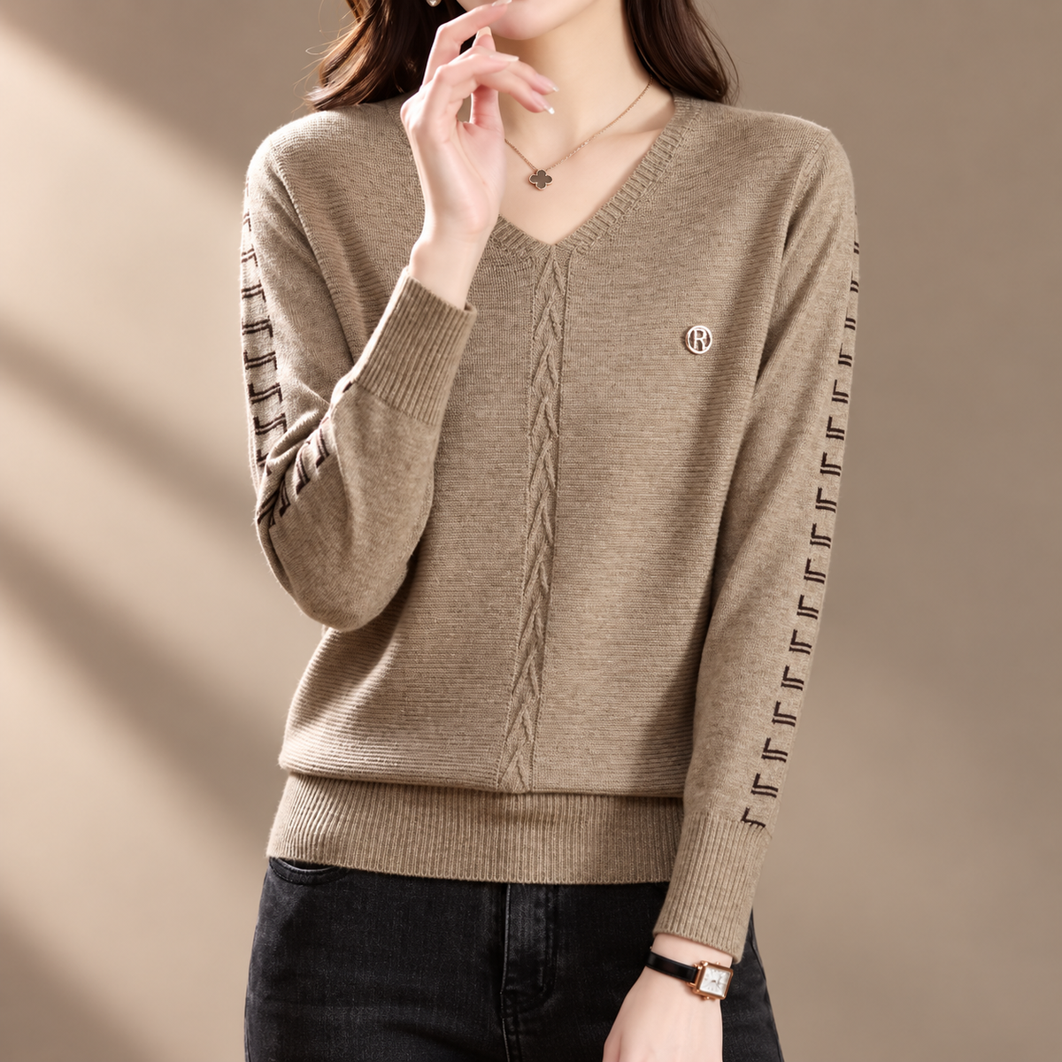 Renata Women’s V-Neck Knit Sweater – Long Sleeve Textured Pullover