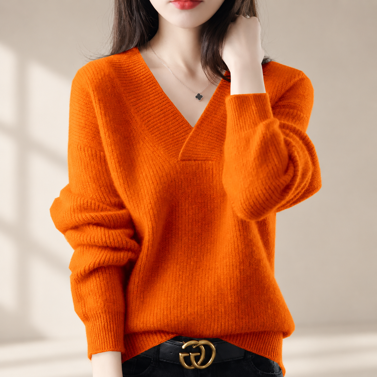 Elodie Women’s V-Neck Knit Sweater – Relaxed Fit Long Sleeve Pullover