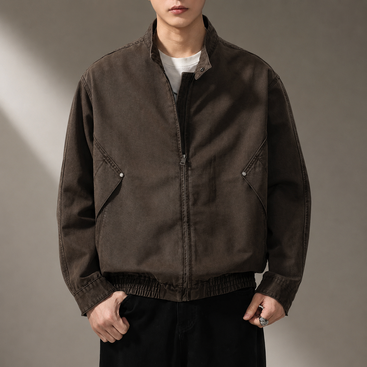 Sebastian Men’s Vintage Washed Cargo Jacket – Stand Collar Zip-Up Casual Utility Jacket