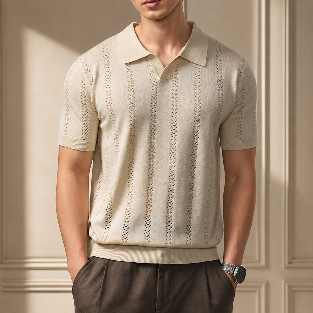 Lucien Men’s Open-Collar Knit Polo Shirt – Short Sleeve Textured Pullover