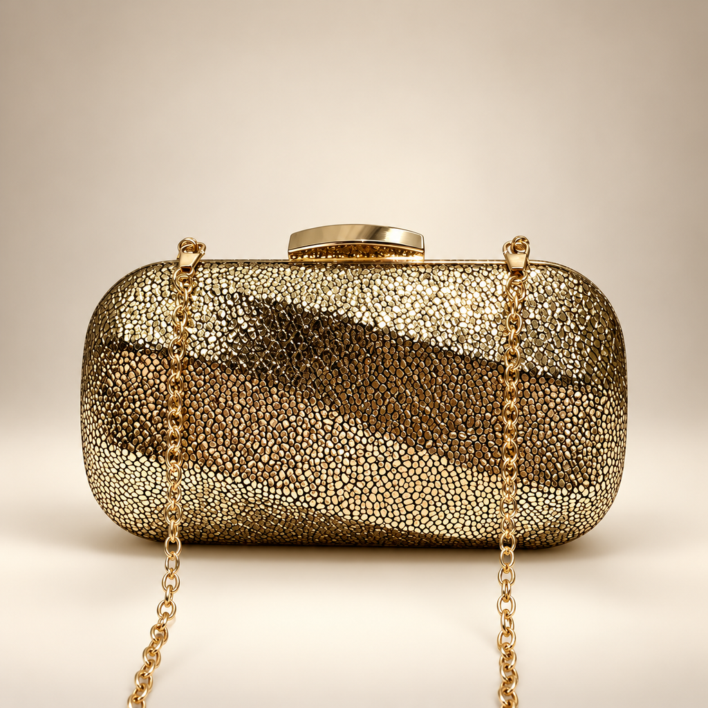 Isabella Metallic Textured Evening Clutch Bag with Chain Strap