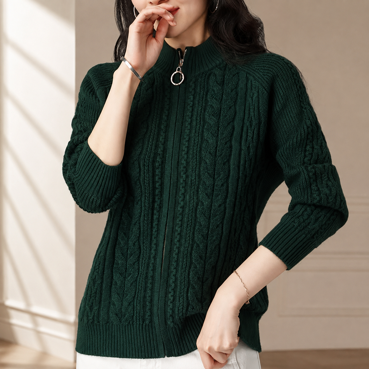 Amelia Women’s Cable Knit Zip-Up Turtleneck Cardigan