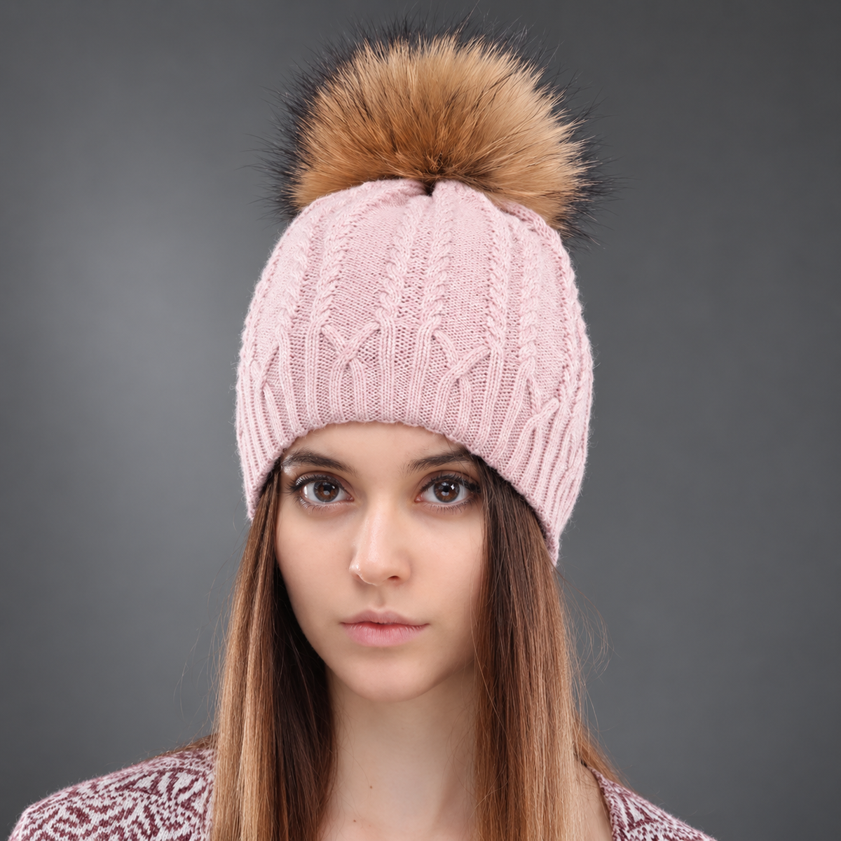 Valentina Women’s Cable Knit Pom-Pom Beanie – Braided Winter Hat with Fur-Look Pom