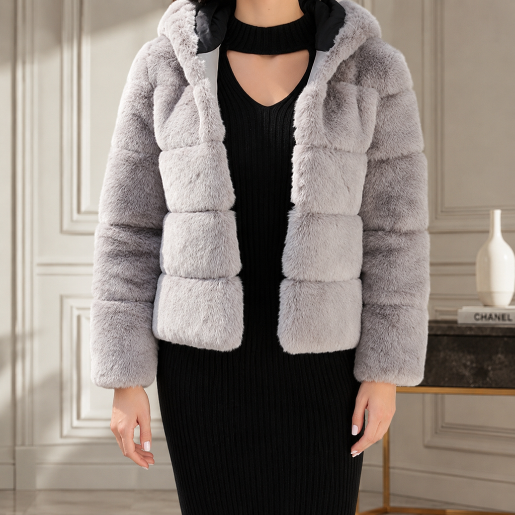 Genevieve Women’s Faux Fur Hooded Jacket – Cropped Coat