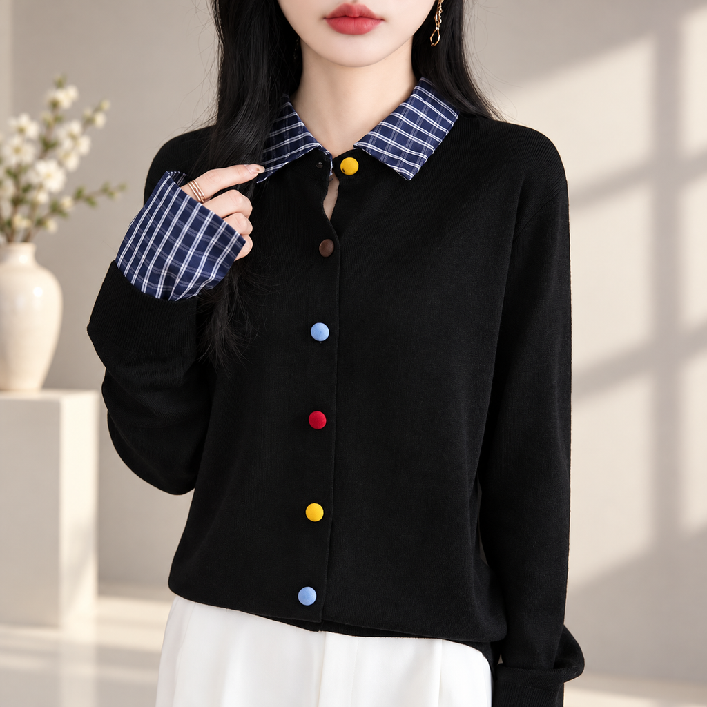 Lucienne Women's Plaid Collar Knit Cardigan with Multicolor Buttons
