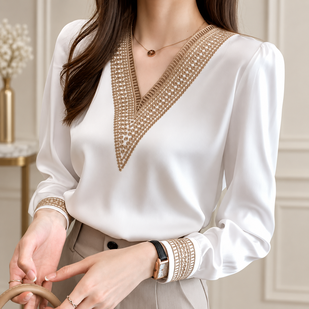 Isabella Embellished V-Neck Long Sleeve Blouse