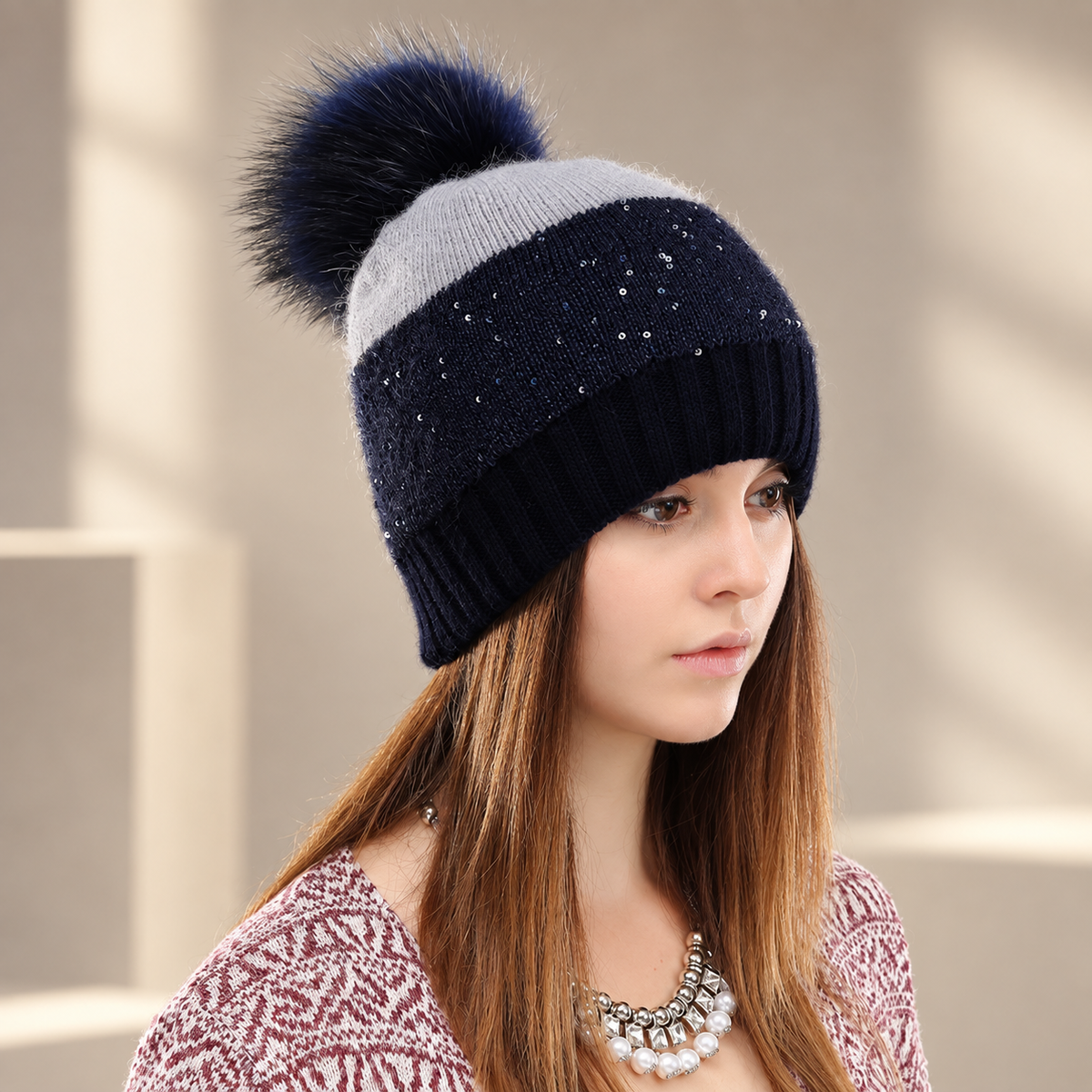 Genevieve Women’s Colorblock Knit Pom-Pom Beanie