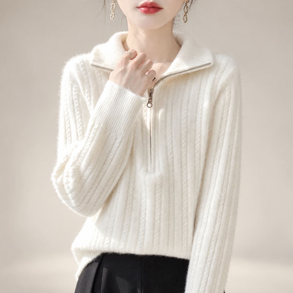 Lucienne Cable Knit Half-Zip Mock Neck Sweater