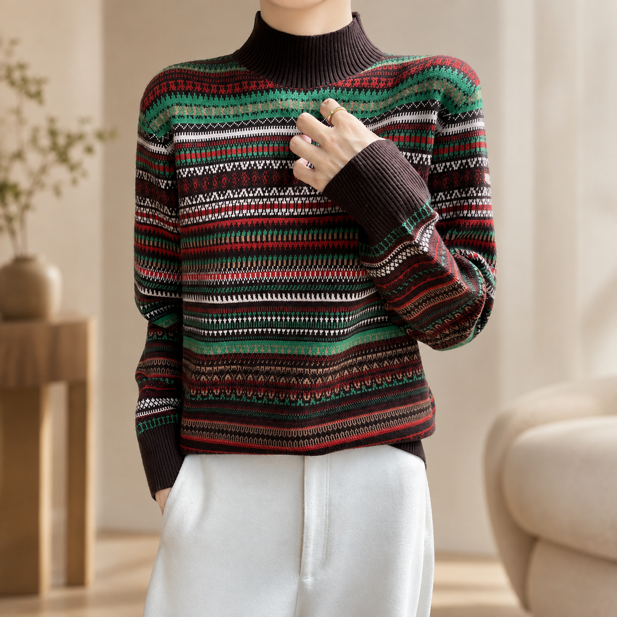 Adeline Women’s Striped Mock Neck Knit Sweater