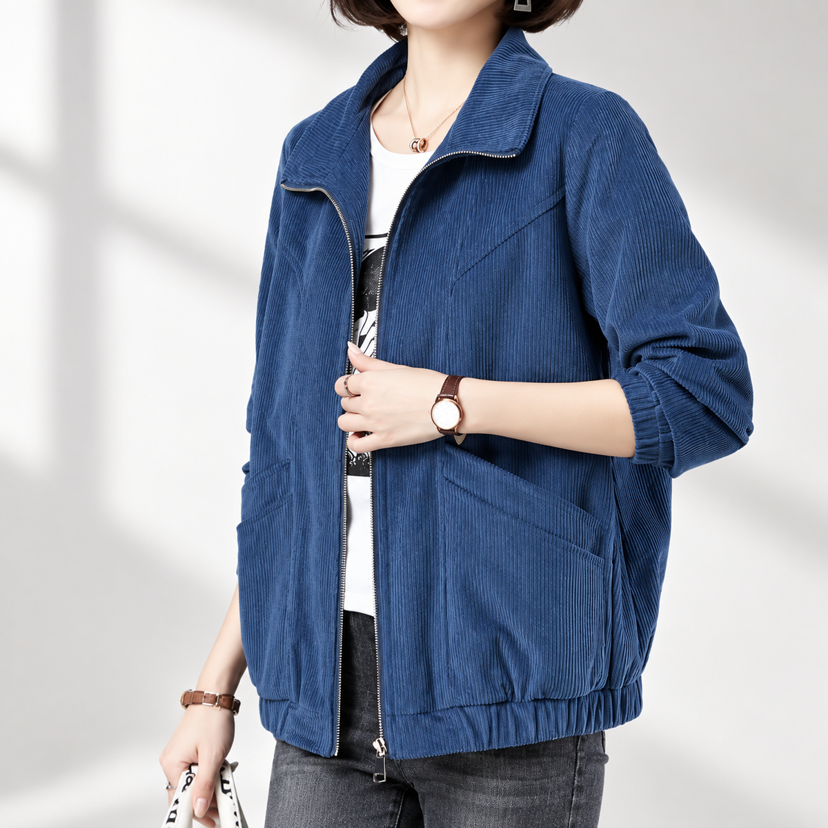 Bianca Women’s Textured Zip Front Jacket – Relaxed Fit Long Sleeve Casual Coat