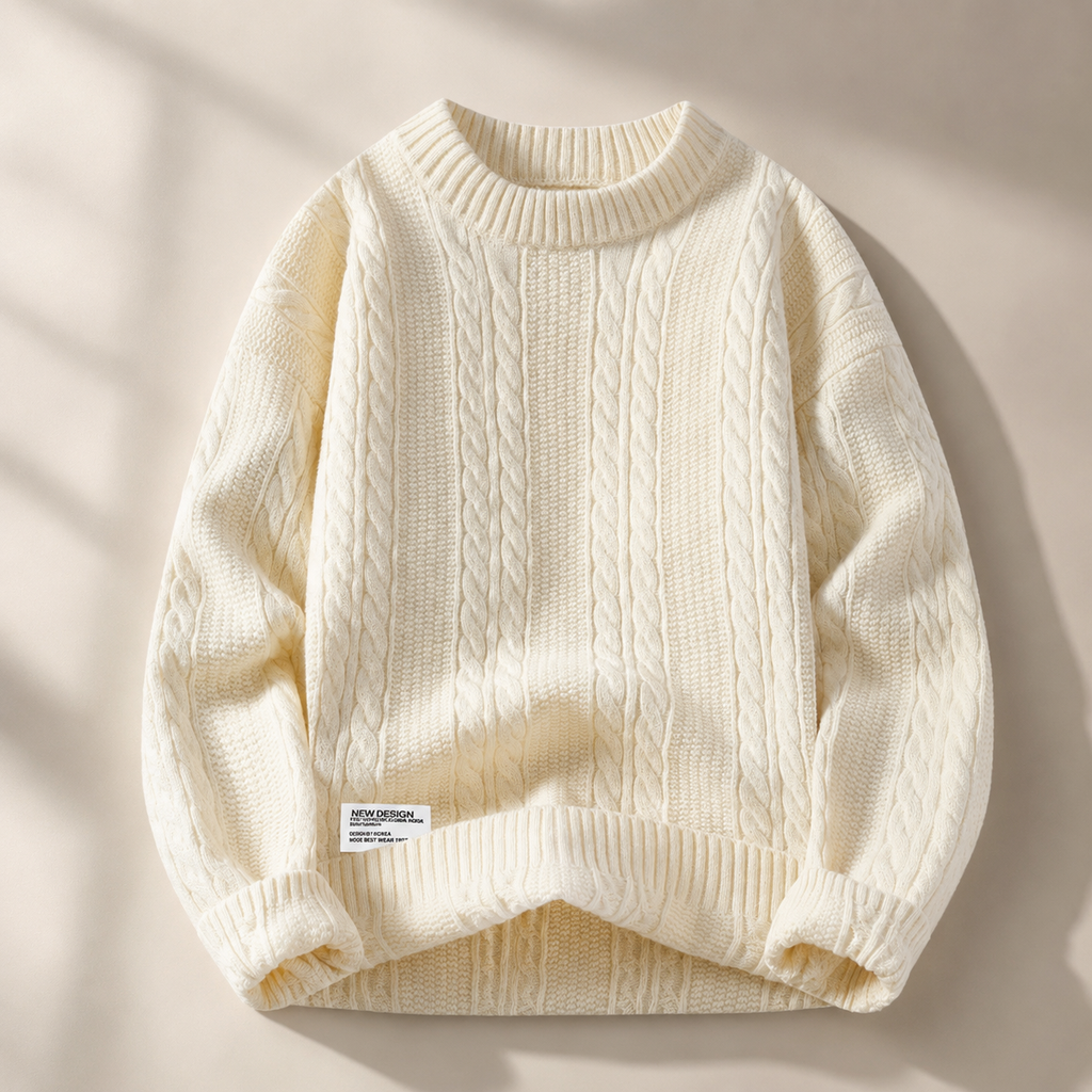 Callum Cable-Knit Crewneck Sweater – Textured Long Sleeve Pullover