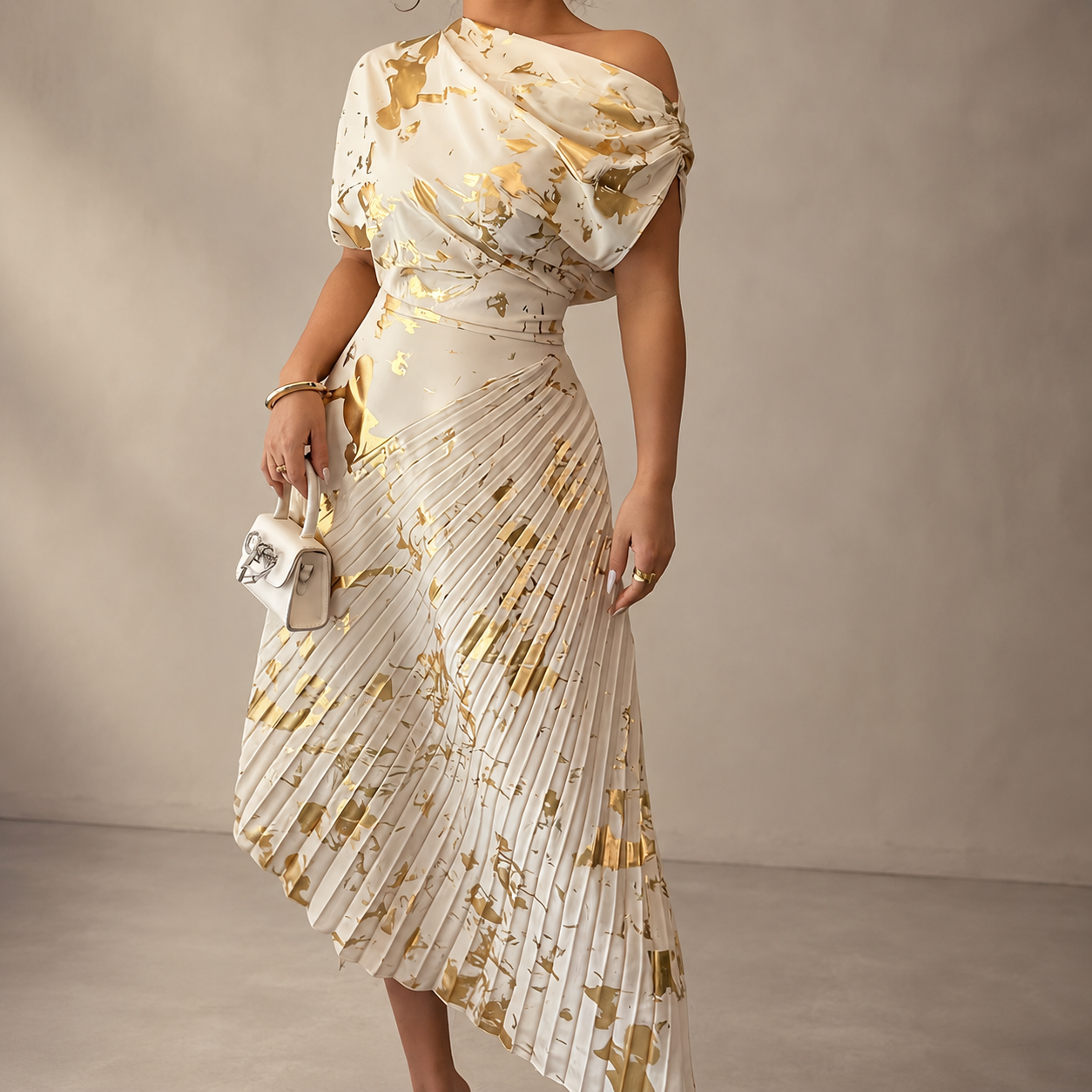 Natalie’s One-Shoulder Metallic Print Pleated Dress