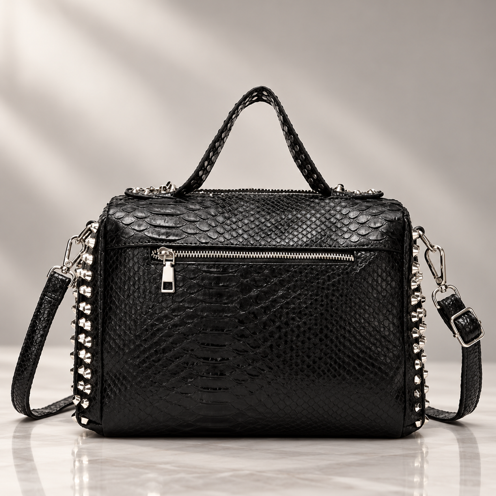Camille Studded Reptile-Texture Satchel Handbag with Detachable Strap