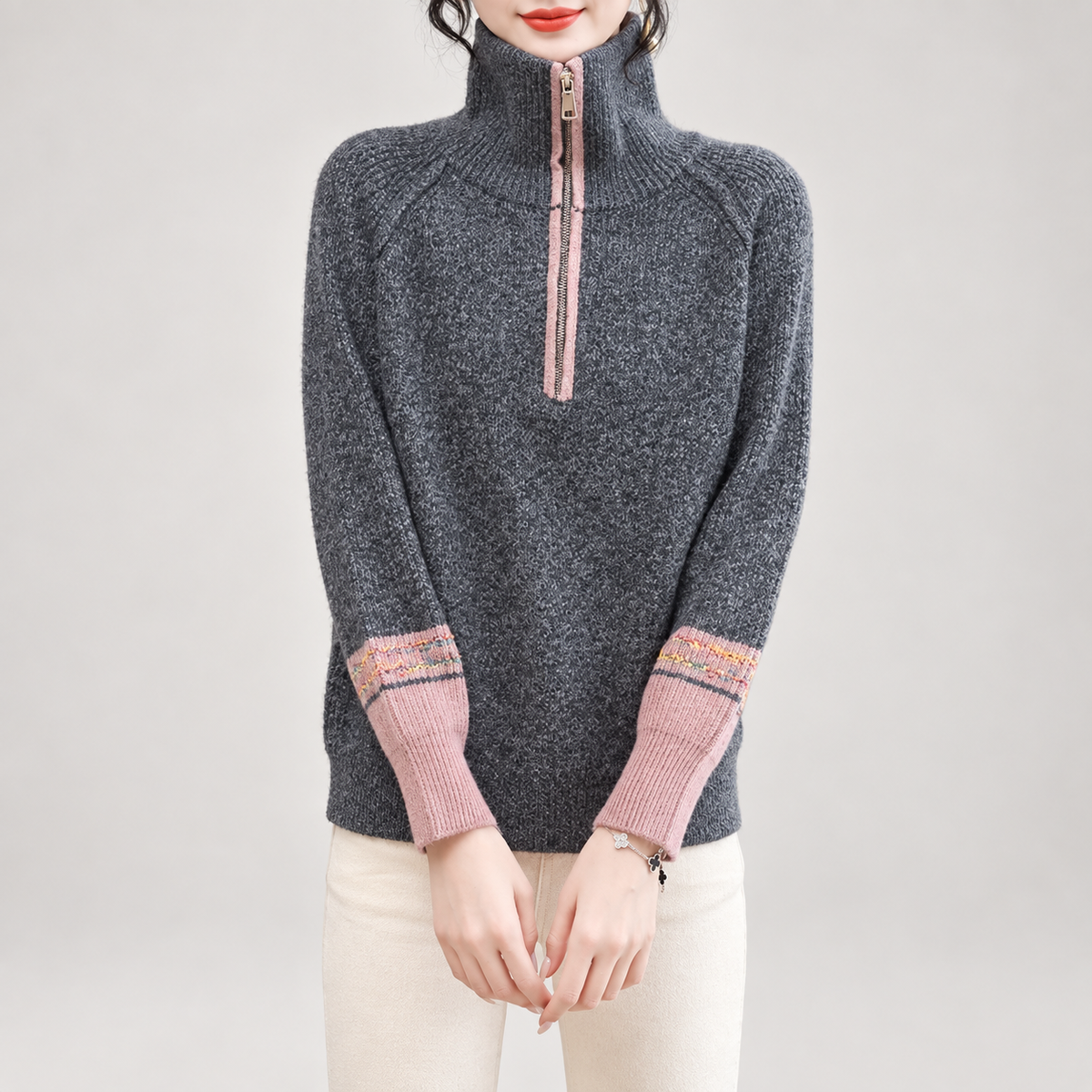 Margot Women's Colorblock Half-Zip Knit Sweater with Ribbed Collar