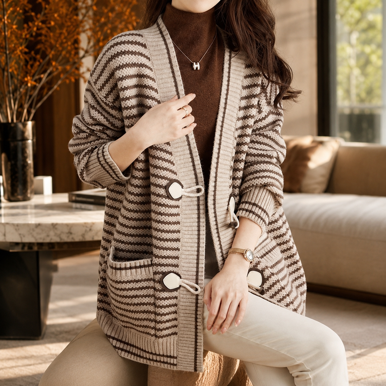 Rosalie Women's Striped Toggle-Front Chunky Knit Cardigan