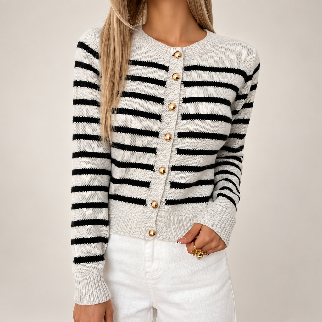 Gianna Striped Button Front Knit Cardigan – Gold Button Crew Neck Sweater