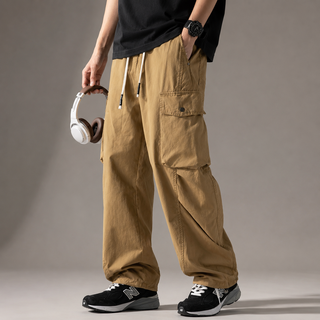 Declan Men’s Wide-Leg Cargo Pants – Drawstring Utility Trousers with Flap Pockets