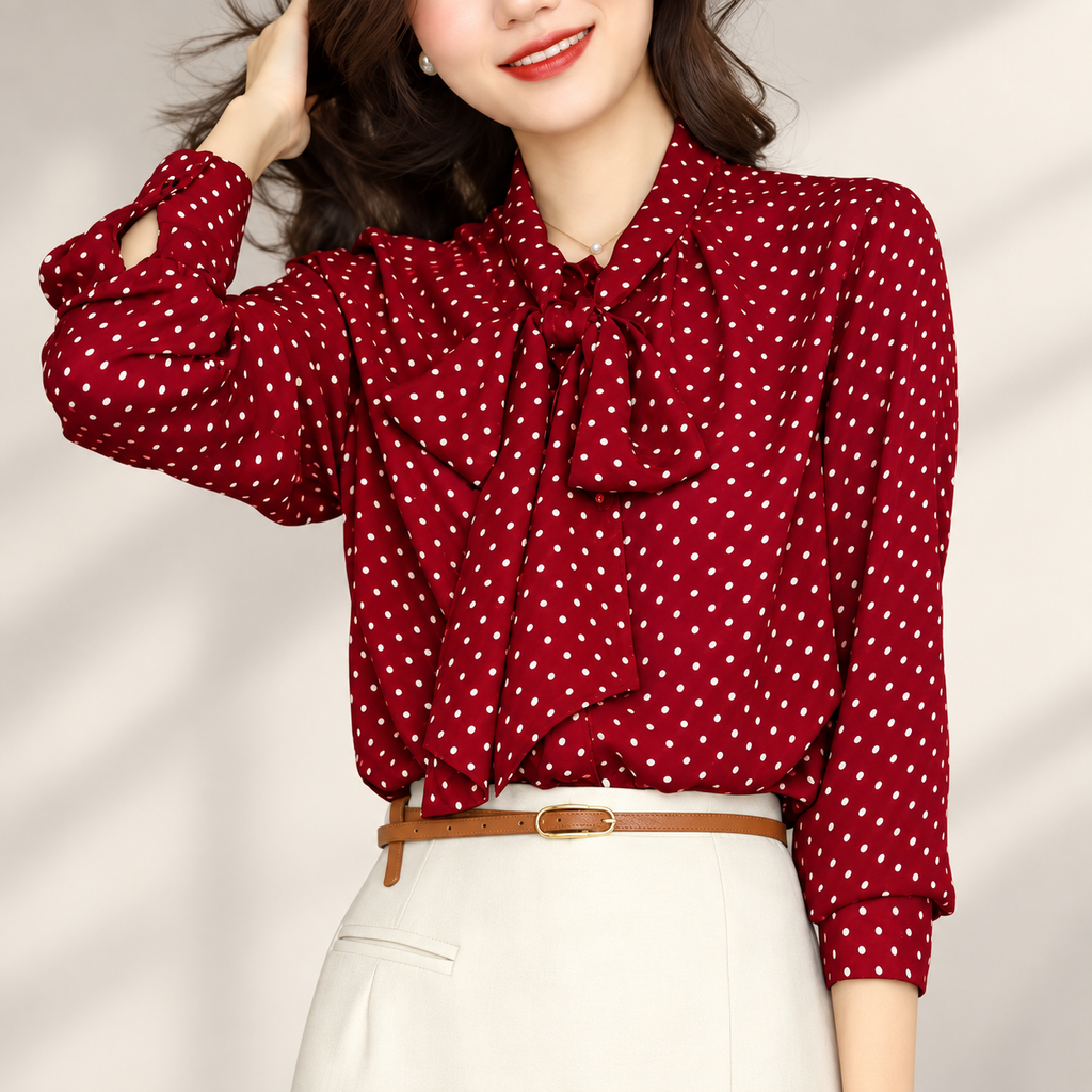 Vivienne Polka Dot Bow Tie Long Sleeve Blouse