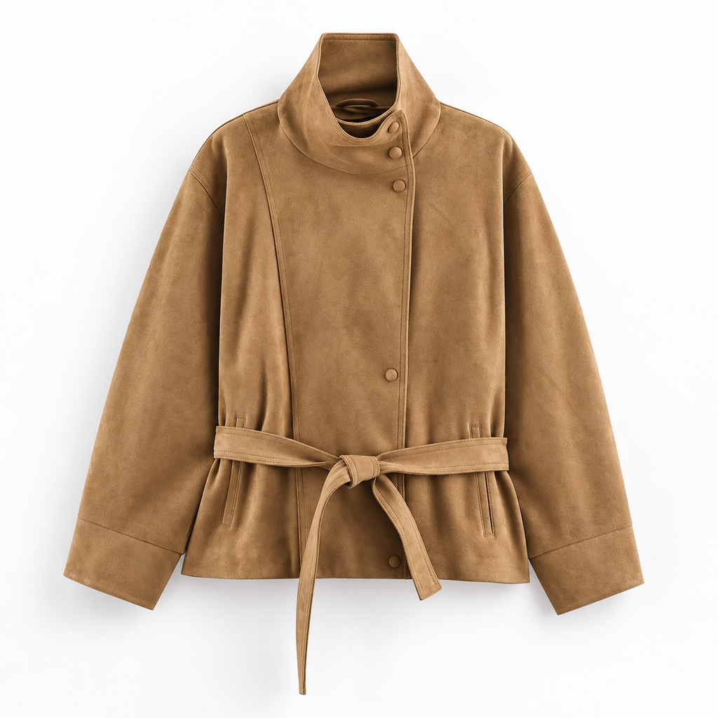 Lucienne Belted Suede-Look Jacket – High Neck Women’s Short Coat