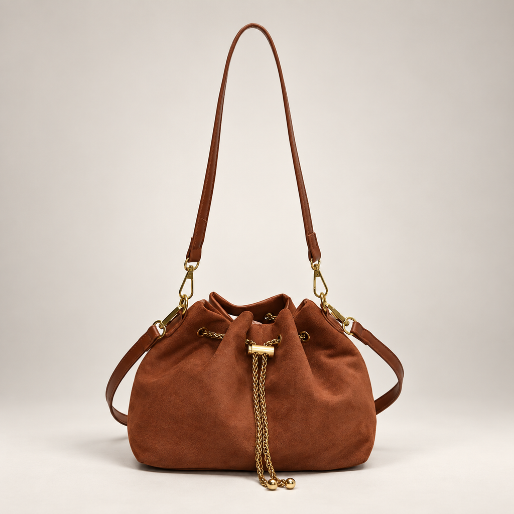 Sofia Women’s Suede-Look Drawstring Bucket Bag – Chain Detail Shoulder & Crossbody Handbag