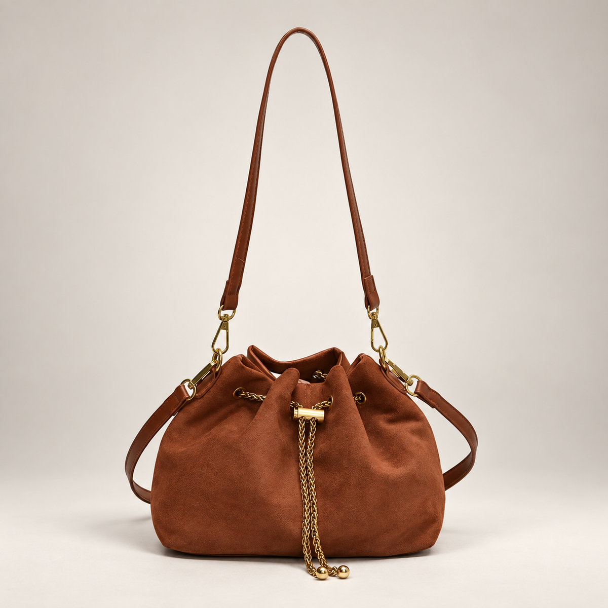 Sofia Women’s Suede-Look Drawstring Bucket Bag – Chain Detail Shoulder & Crossbody Handbag