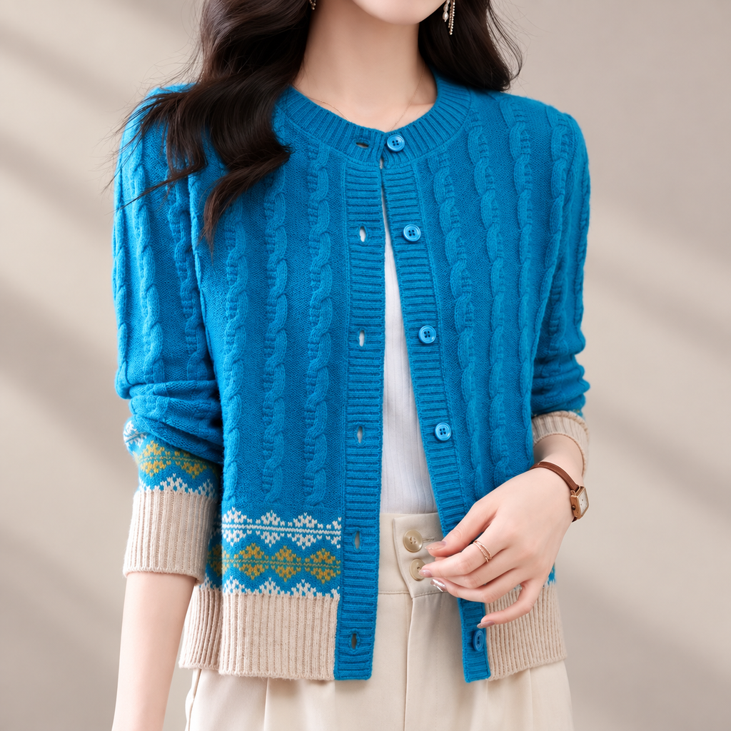 Rosalie Cable Knit Fair Isle Button Cardigan