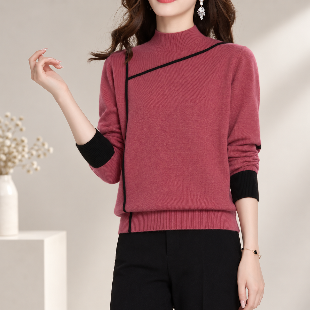 Rosalie Women's Contrast Trim Mock Neck Knit Sweater