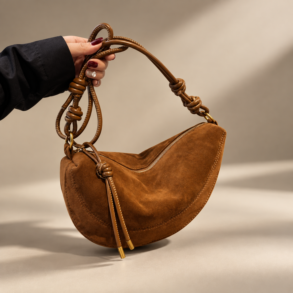 Elodie Crescent Suede-Look Crossbody Bag with Knotted Strap