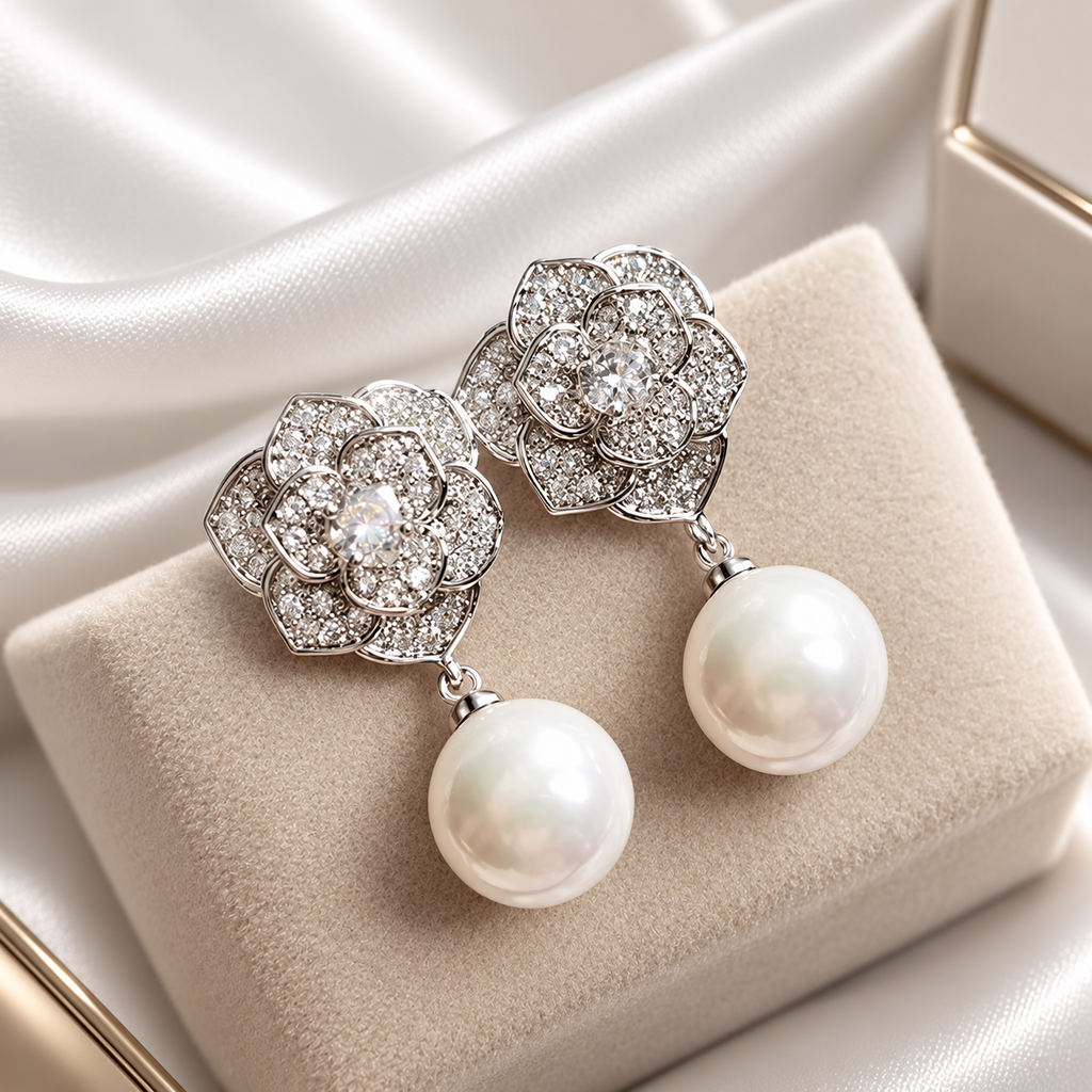 Colette Crystal Flower Pearl Drop Earrings