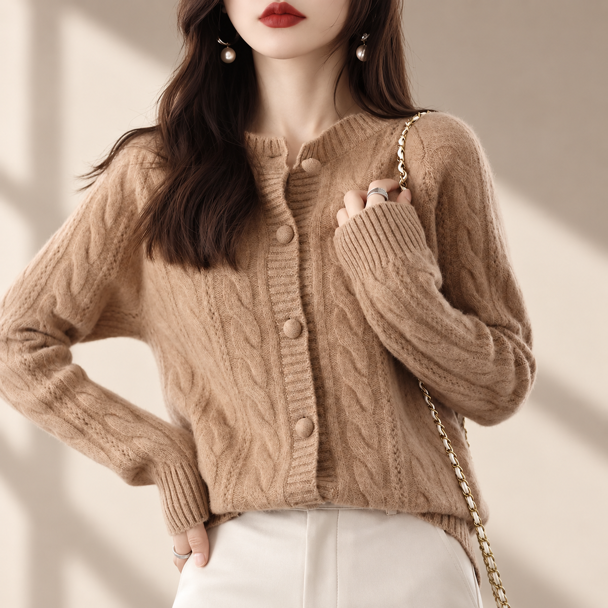 Marianne Cable Knit Button Cardigan – Women’s Crew Neck Long Sleeve Sweater