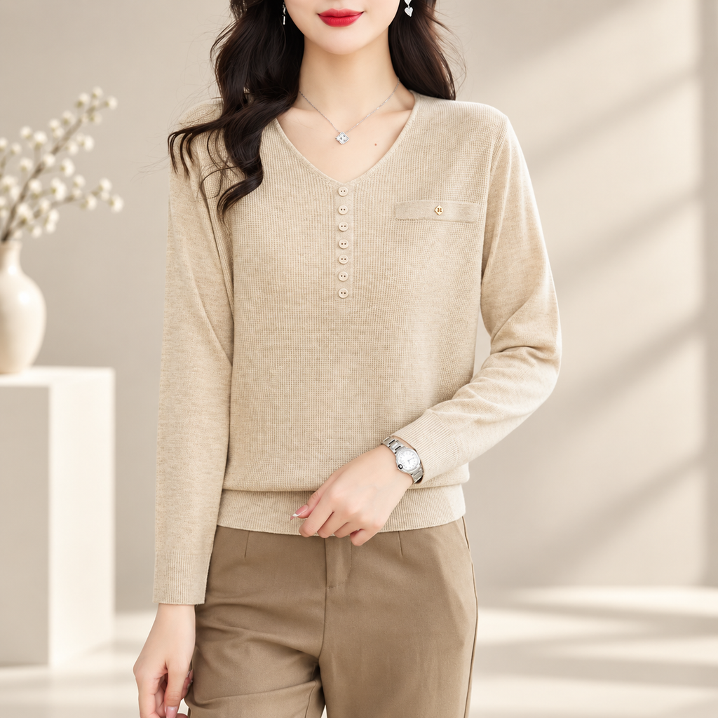 Marina Women’s V-Neck Button Detail Knit Sweater – Long Sleeve Pullover Top