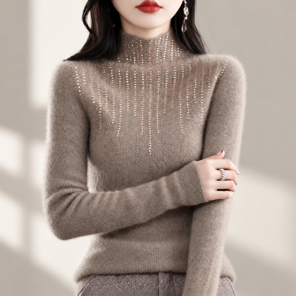 Valentina Women’s Mock Neck Rhinestone Knit Sweater – Long Sleeve Fitted Pullover