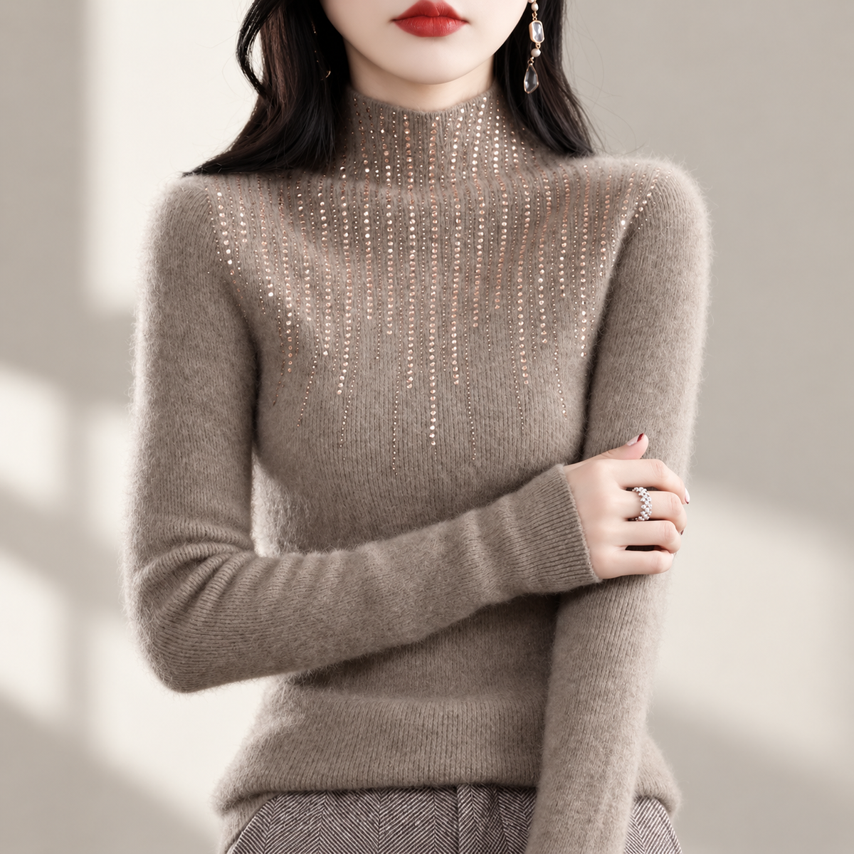 Valentina Women’s Mock Neck Rhinestone Knit Sweater – Long Sleeve Fitted Pullover