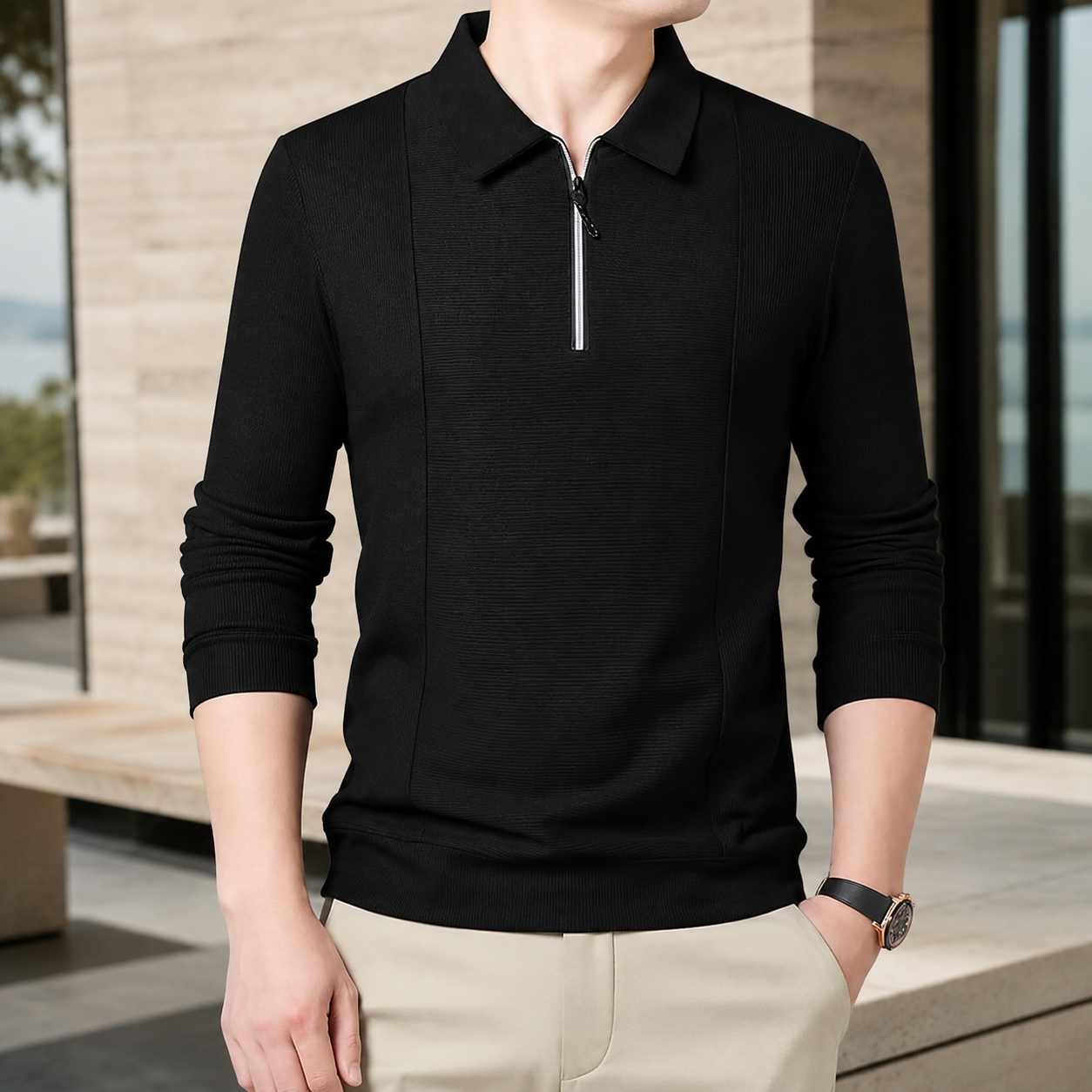Callum Men's Ribbed Quarter-Zip Long Sleeve Polo Shirt