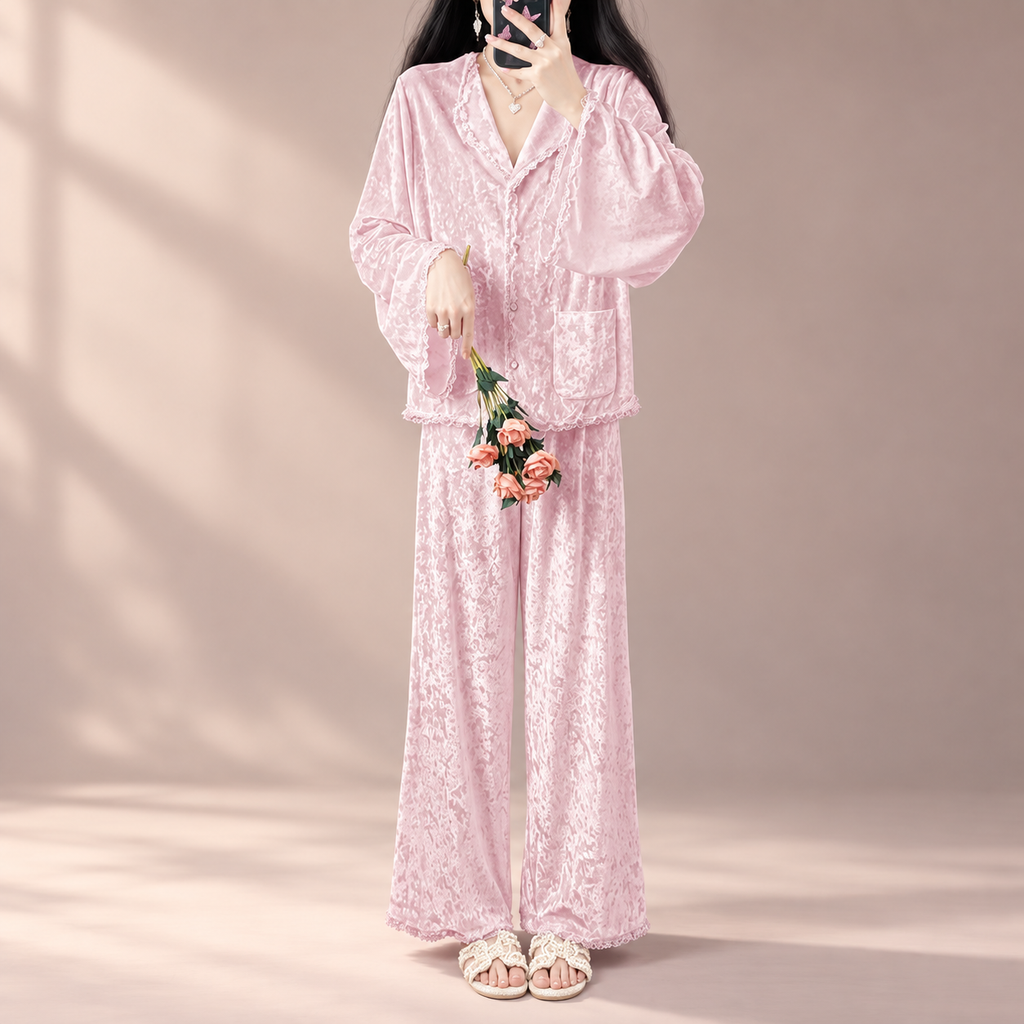 Valentina Velvet-Look Lace Trim Button-Front Pajama Set