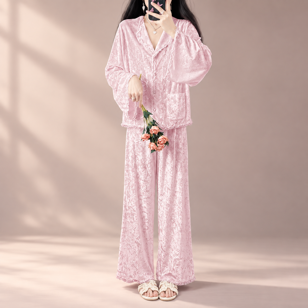 Valentina Velvet-Look Lace Trim Button-Front Pajama Set