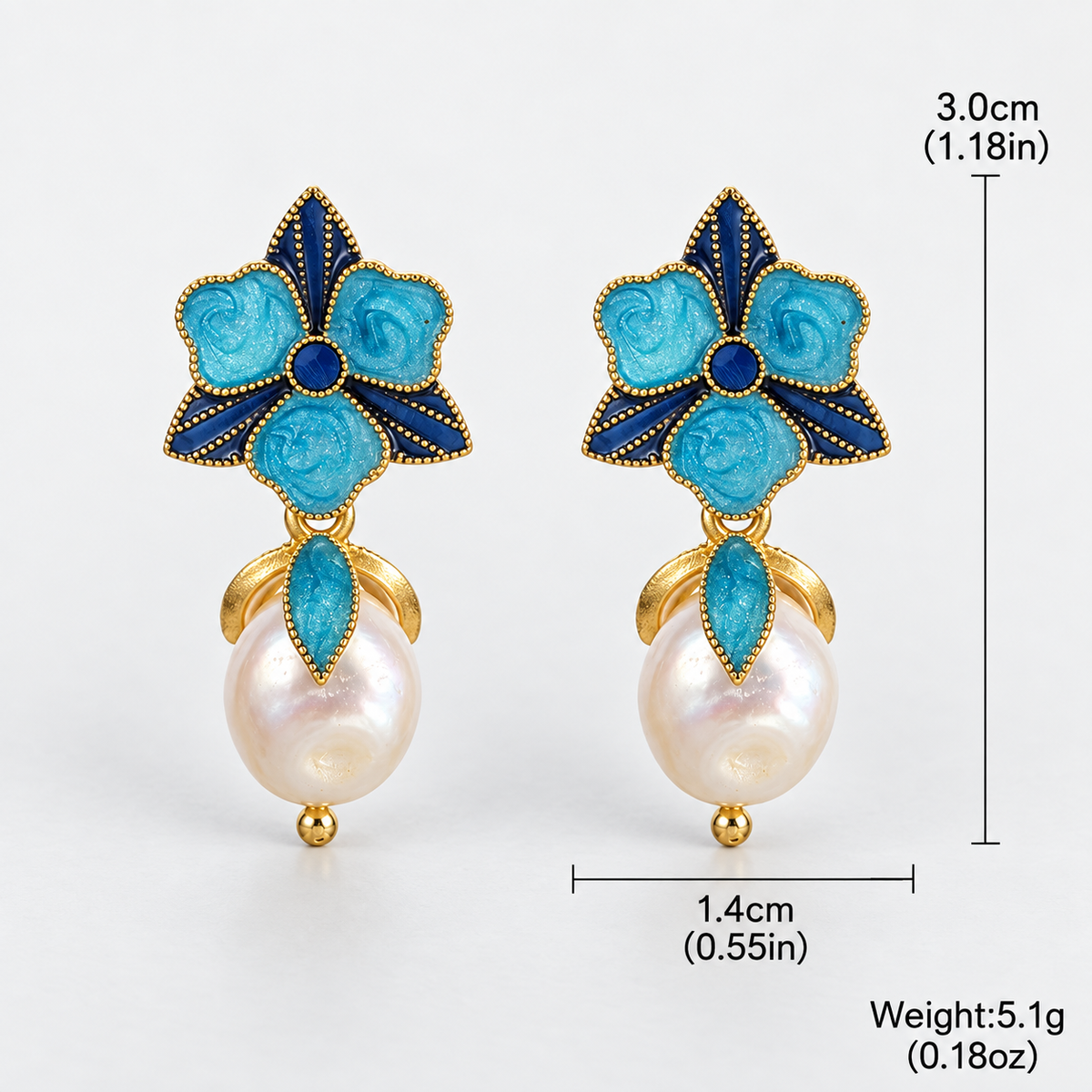 Elodie Blue Enamel Floral Pearl Drop Earrings