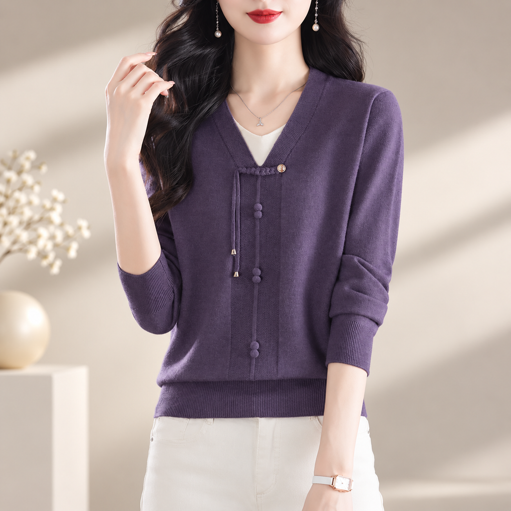 Alessia Women's V-Neck Knit Sweater with Decorative Tie Detail