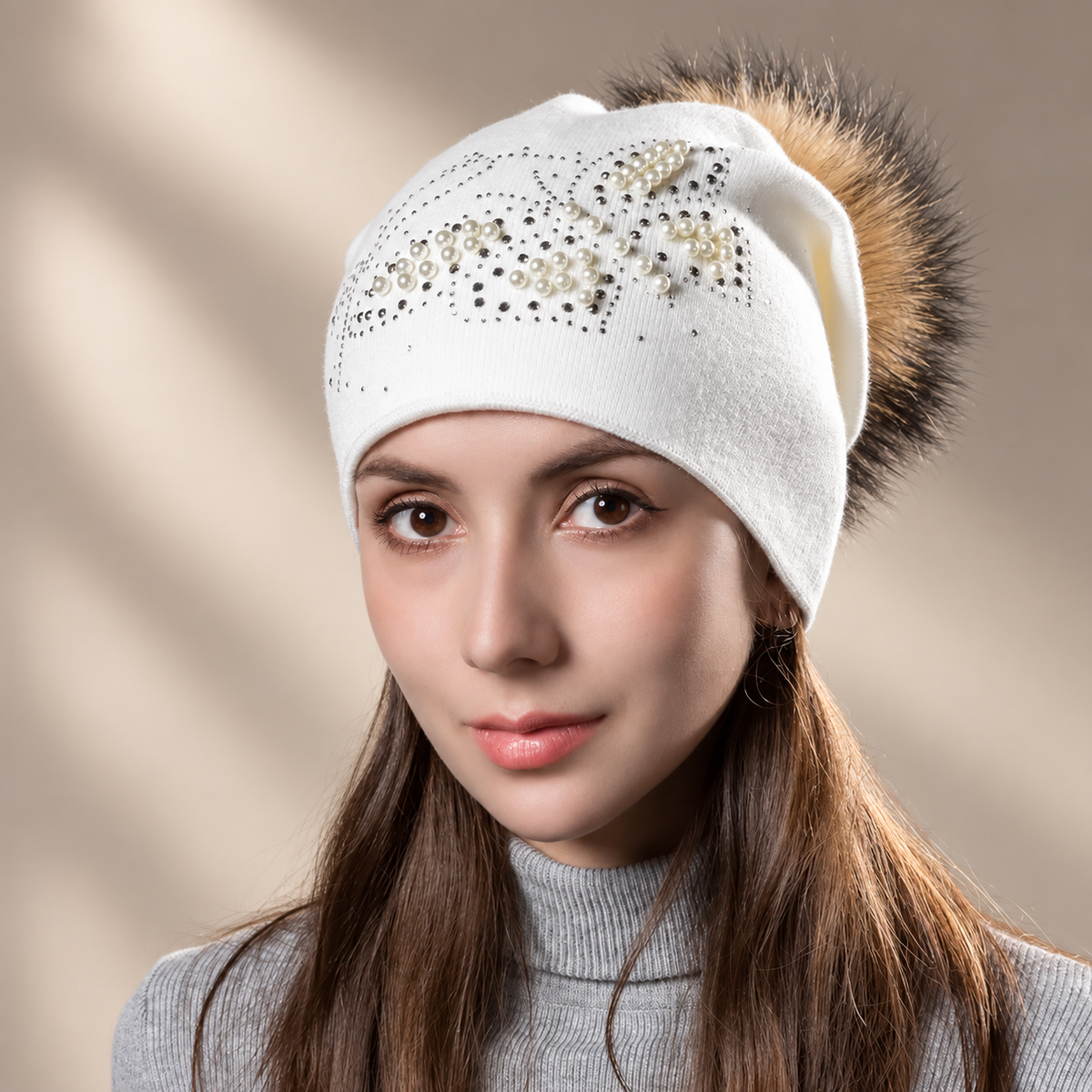 Celeste Women’s Embellished Knit Pom-Pom Beanie – Pearl & Rhinestone Winter Hat