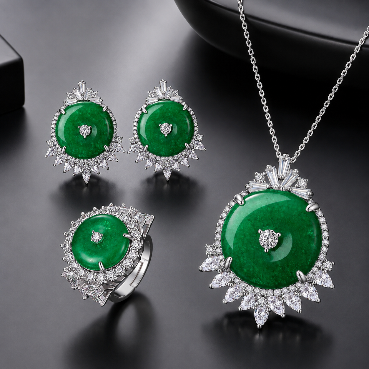 Camille Green Round Stone Jewelry Set with Silver-Tone Accents