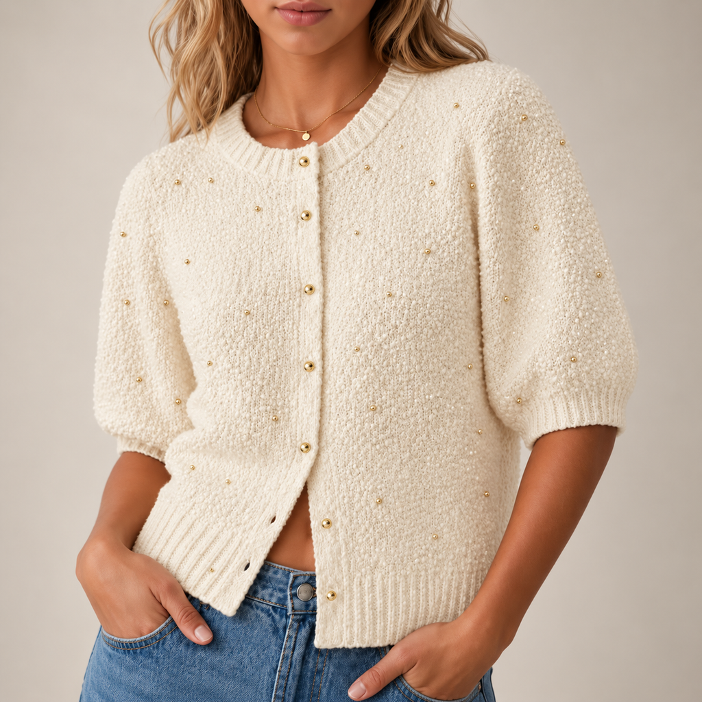 Cecilia Pearl Detail Short Sleeve Knit Cardigan
