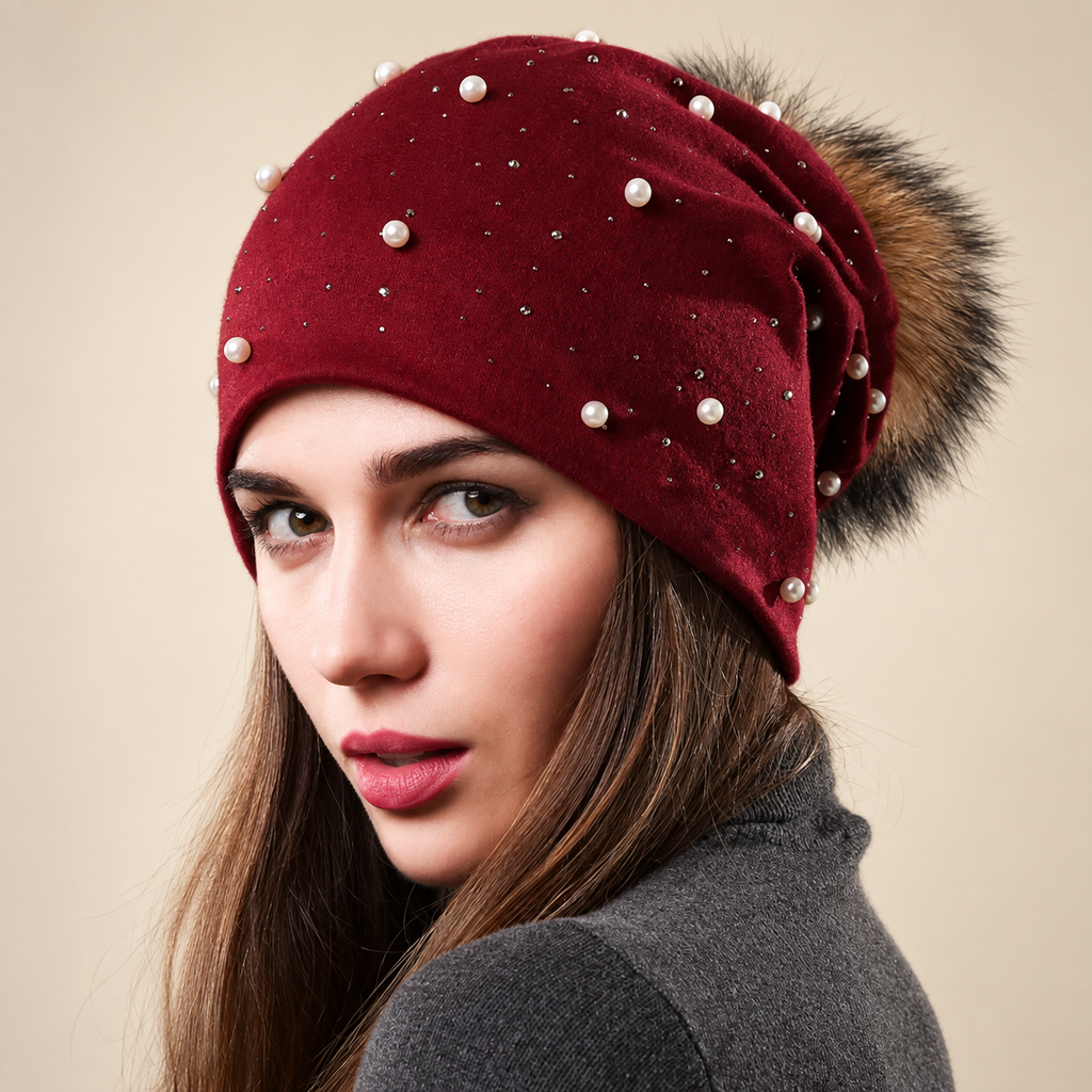 Serafina Women’s Pearl Embellished Slouchy Pom-Pom Beanie
