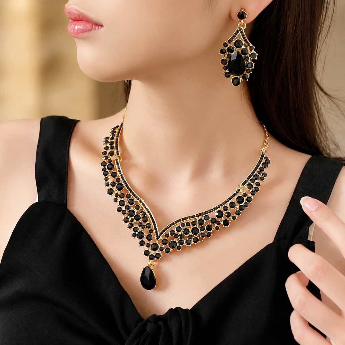 Delaney Black Crystal Statement Necklace and Earrings