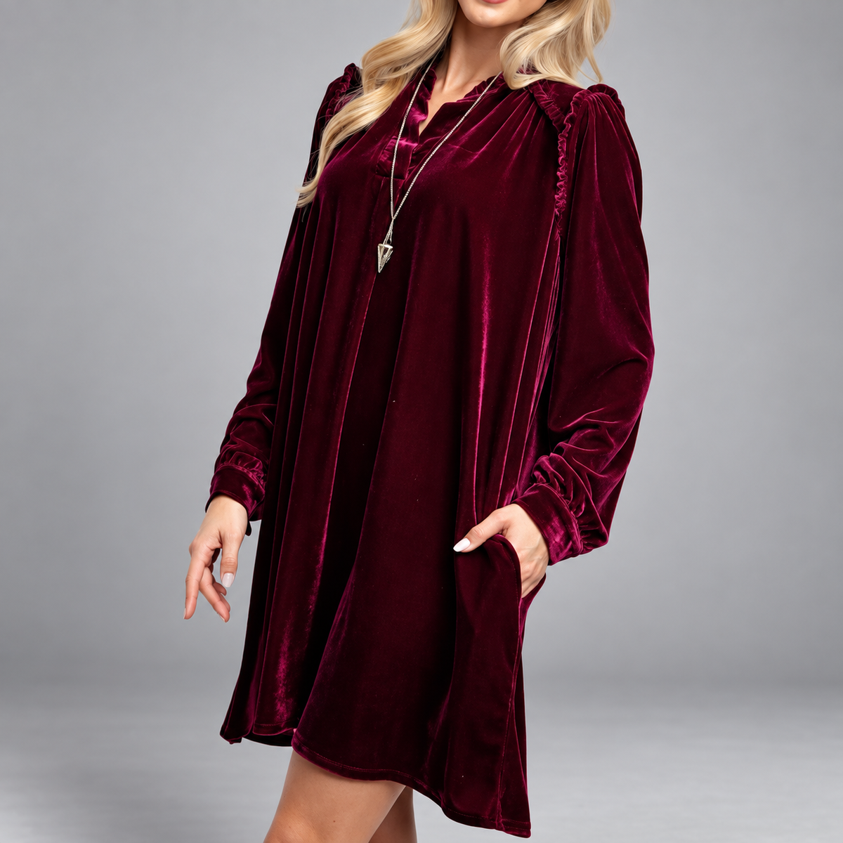 Elena Velvet Ruffle V-Neck Shift Dress