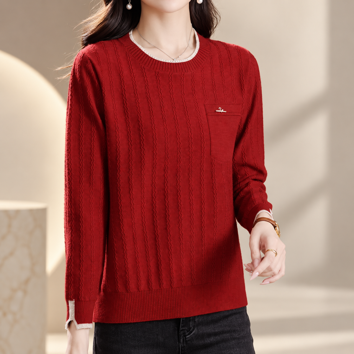 Madeleine Women’s Textured Crew Neck Knit Sweater – Long Sleeve Pullover with Chest Pocket
