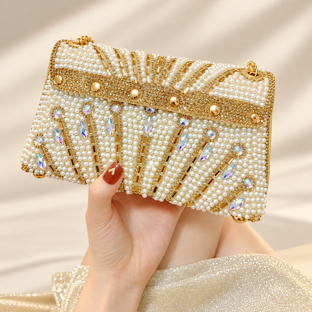 Vivienne Pearl & Crystal Embellished Evening Clutch Bag
