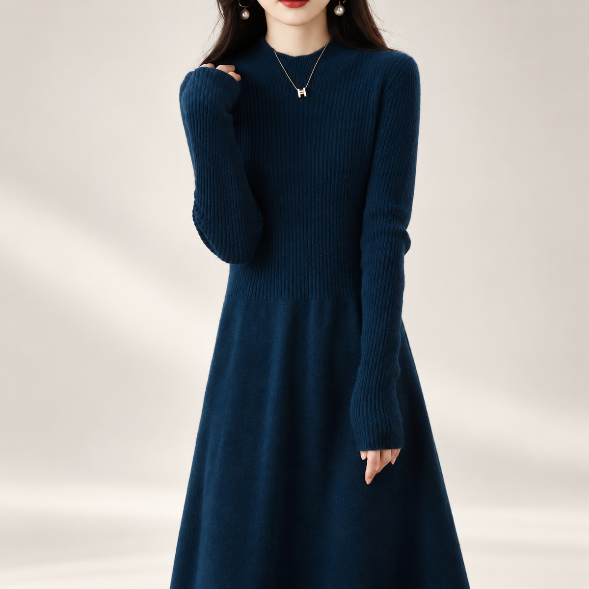 Helena Women's Mock Neck Ribbed Knit Midi Dress with Long Sleeves