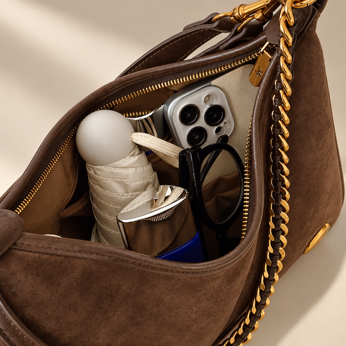 Lorenza Suede-Look Hobo Shoulder Bag with Chain Detail